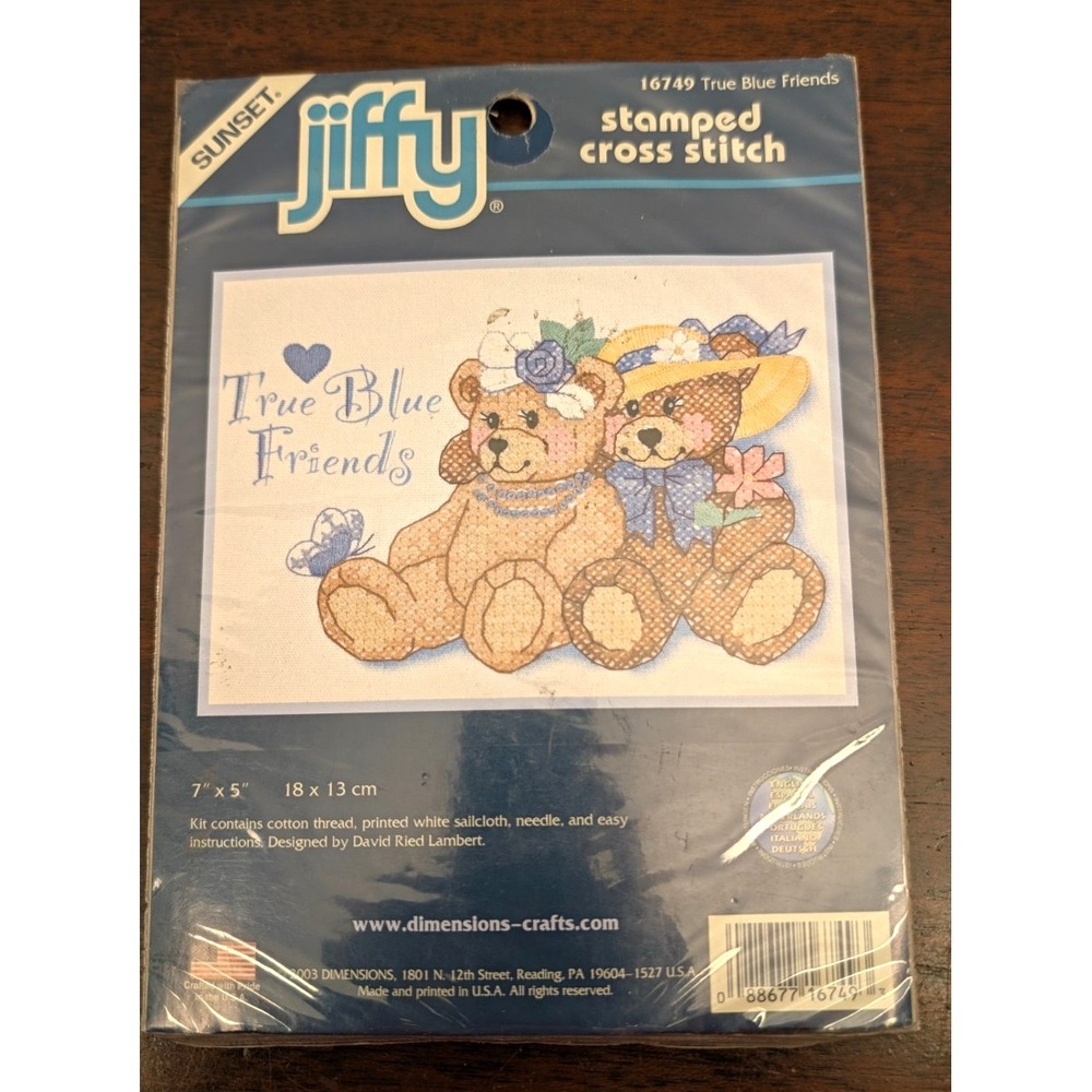 Dimensions Jiffy Stamped Cross Stitch Kit True Blue Friends Teddy Bears 16749